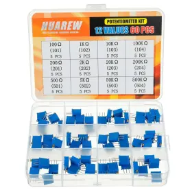 Huarew Hr-ptm12-60p 12 Values 60 Pcs 3296w Multiturn Trimmer Potentiometer 100-500 K Ohm Blue 329
