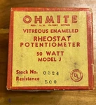 Nos Ohmite 500 Ohm 50w Model J Porcelain Rheostat Potentiometer No.0324 - Tested. Fixed Price $8.99.